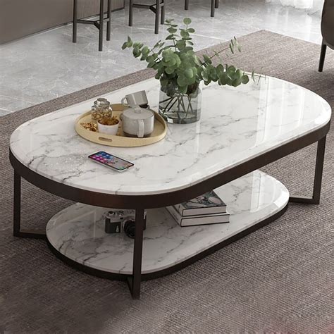 2 Tiered Modern Marble Coffee Table With Shelf Metal Frame