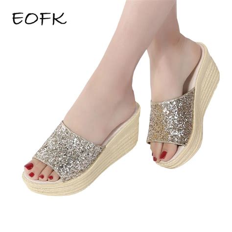 eofk 2018 summer women wedges slippers shinny bling platform slides fashion outside ladies high