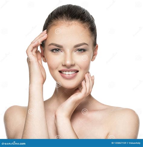 Beautiful Woman Cares For The Skin Face Isolated On White Stock Image