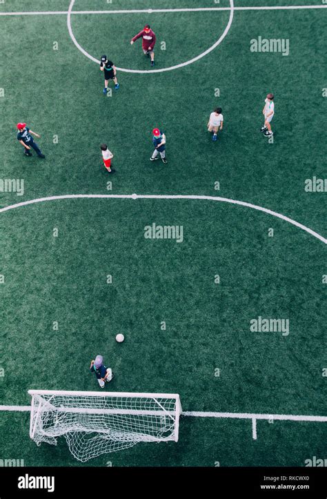 Children Playing Football Soccer Aerial View Stock Photo Alamy