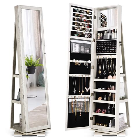 Costway 360degree Rotatable Jewelry Cabinet 2 In 1 Lockable Mirrored