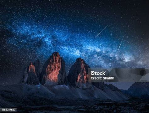 Milky Way Over Tre Cime Di Lavaredo At Night Dolomites Stock Photo