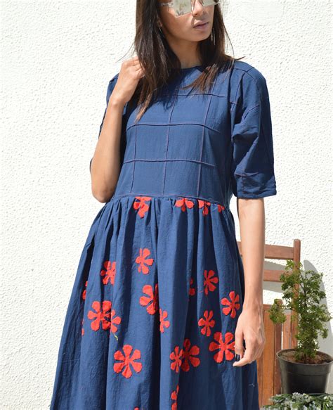 Blue Red Flower Applique Dress By Silai The Secret Label