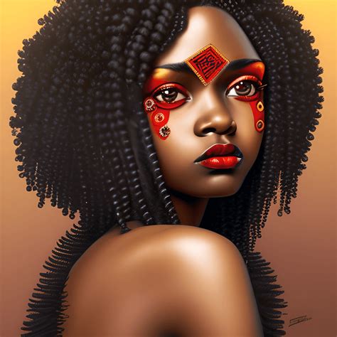 3d Art Of A Dark Skinned Woman With Loose Curly Black Hair And Red