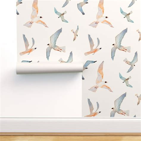 Peel And Stick Removable Wallpaper Bird Birds Watercolor Coral White