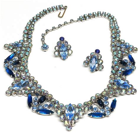 Vintage Blue AB Crystal Rhinestone Necklace Earrings Set Signed