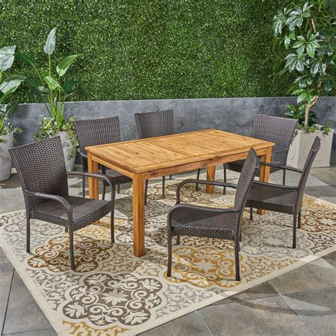 7 Piece Natural Finish Outdoor Furniture Patio Expandable Dining Set