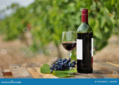 Still Life Of A Red Wine Bottle Glass And Grape Strain Stock Photo