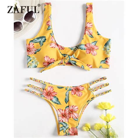 Zaful Sexy Swimsuit High Rise Knotted Floral Scrunch Bikini Set Swimwear Scoop Neck Padded