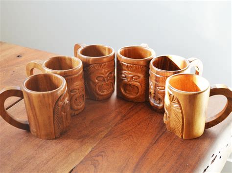 Hawaiian Wooden Tiki Mugs Set Of 6 Polynesian Barware Circa 1960s