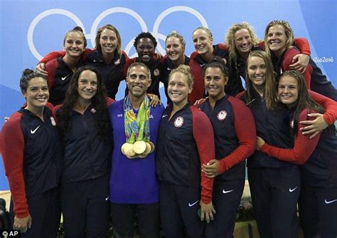 Members Of United States Women Water Polo Team With A Coach Adam