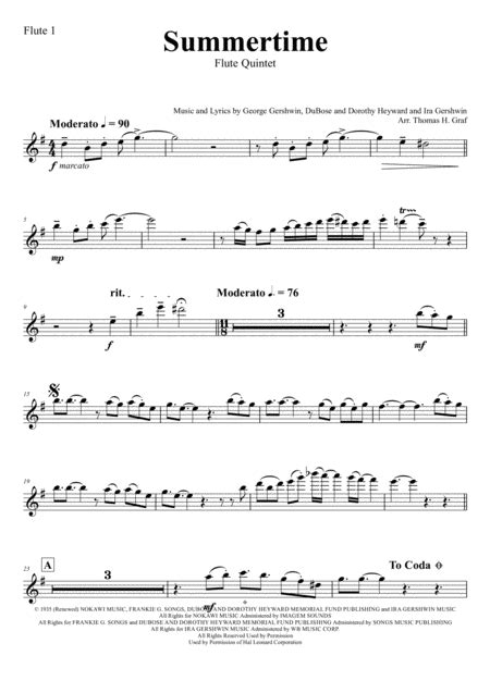 Summertime Gershwin 11 8 Flute Quintet Free Music Sheet