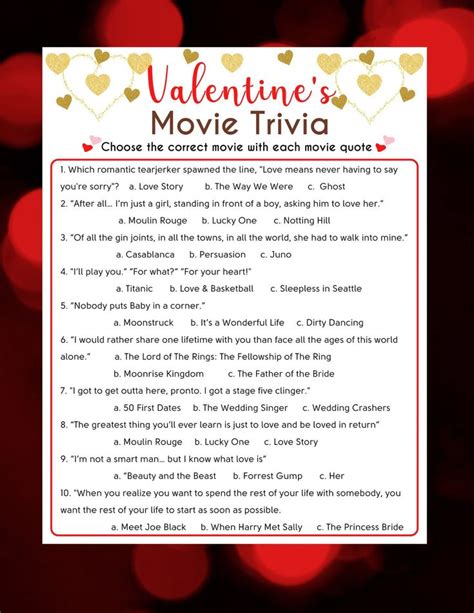 Valentines Day Movie Trivia Game Valentines Day Movie Valentines