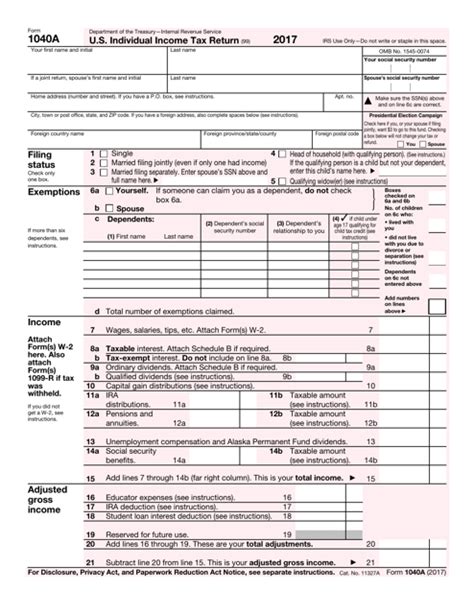 Irs Form 1040a Download Printable Pdf 2017 Us Individual Income Tax