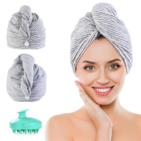 Long Hair Dry Cap For Women Grey Girl 2 Pack Hair Towel Wrap Super