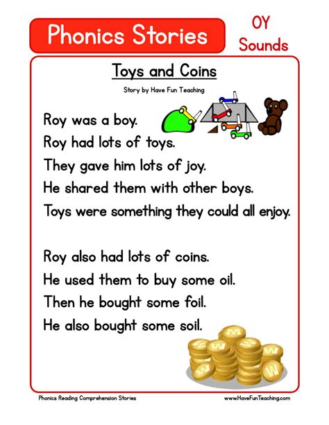 Toys And Coins Phonics Reading Comprehension Story Worksheet Oy Sound