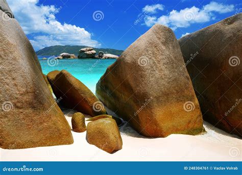 Tropical Beach With Big Granite Boulders On Coco Island Indian Ocean