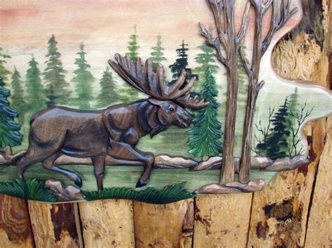 Carved Wood Moose And Bear Intarsia Natural Wood Wall Art Picture