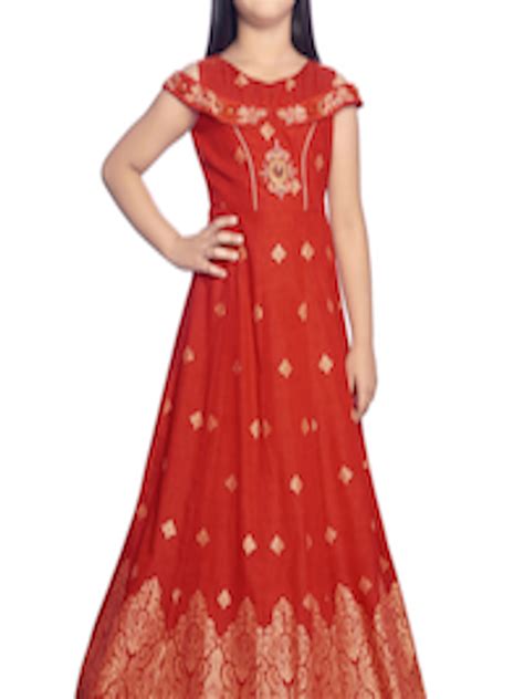 Buy Betty Girls Red And Gold Toned Floral Jacquard Ethnic Maxi Dress