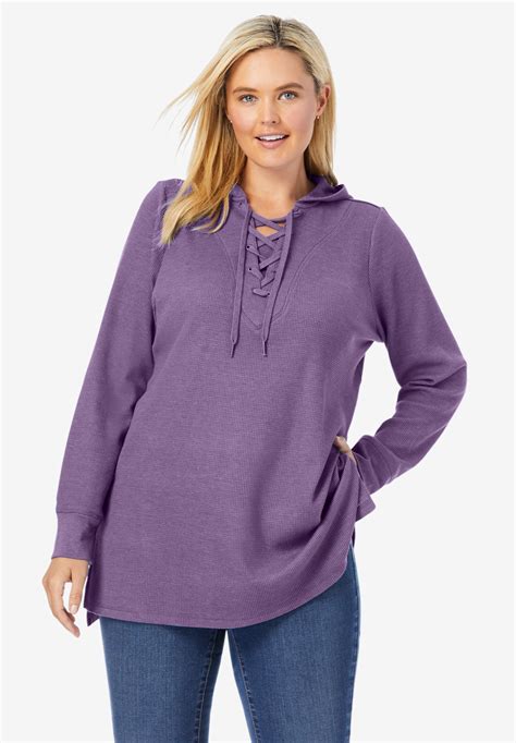 Washed Thermal Lace-Up Hooded Sweatshirt | OneStopPlus