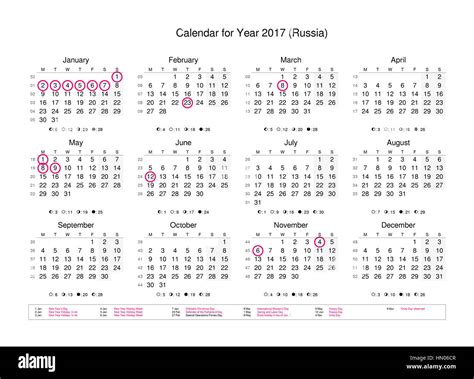 Calendario del año 2017 con los feriados y días festivos para Rusia