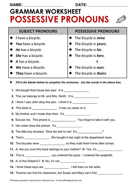 Worksheet 1 Possessive Adjectives Answers