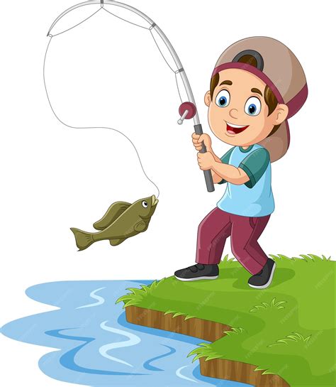 Premium Vector | Cartoon little boy fishing on the lake