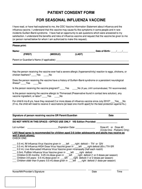 Patient Consent Form For Seasonal Influenza Vaccine Fill And Sign
