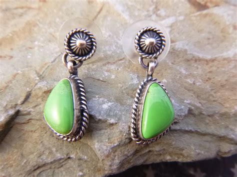 Navajo Sterling Earrings Apple Green Natural Turquoise Native American