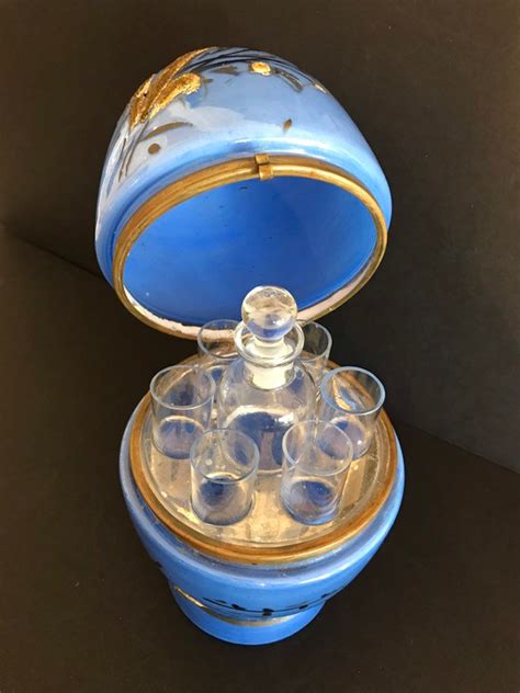 Antique Bohemian Czech Glass Decanter Set Blue Hinged Lid Etsy