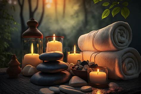 Beauty Spa Treatment And Relax Concept Hot Stone Massage Setting Lit By Candles Stock