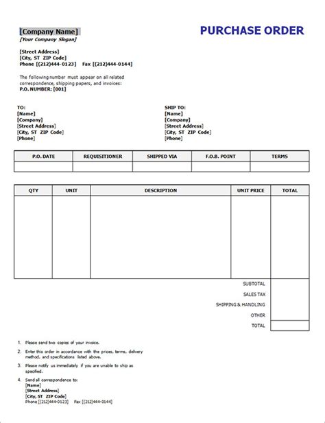 Word Free Purchase Order Template Printable Templates