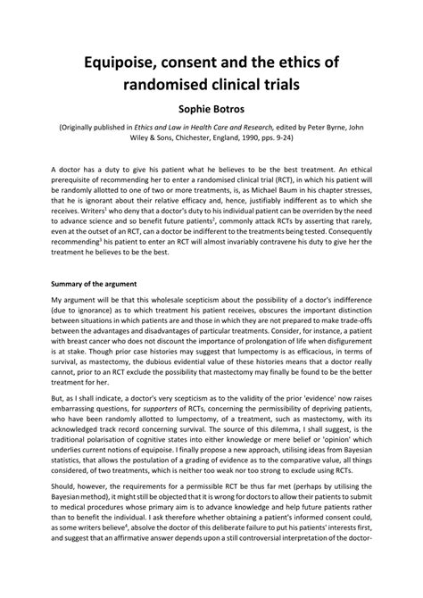 PDF Equipoise Consent And The Ethics Of Randomised Clinical Trials
