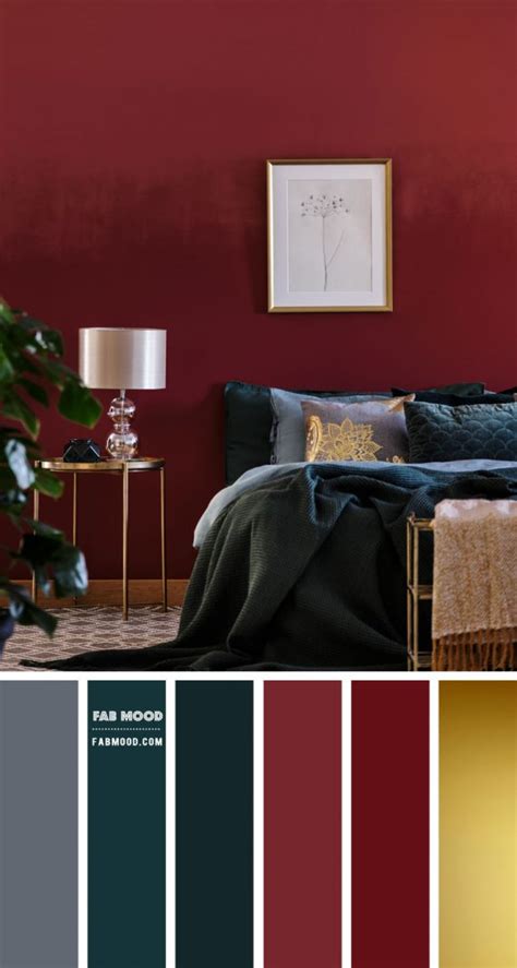 Burgundy And Dark Teal Bedroom With Gold Details