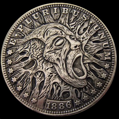Hobo Coins 1886 Morgan Dollar Carved Creative Skulls Gothic Style