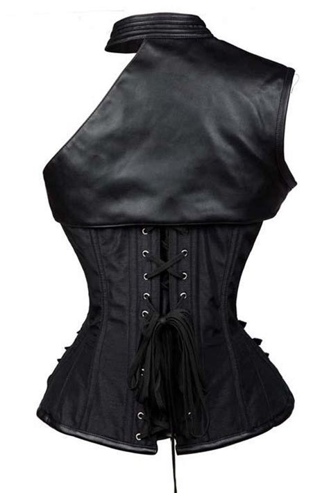 Black Leather Steel Boned Steam One Shoulder Corset