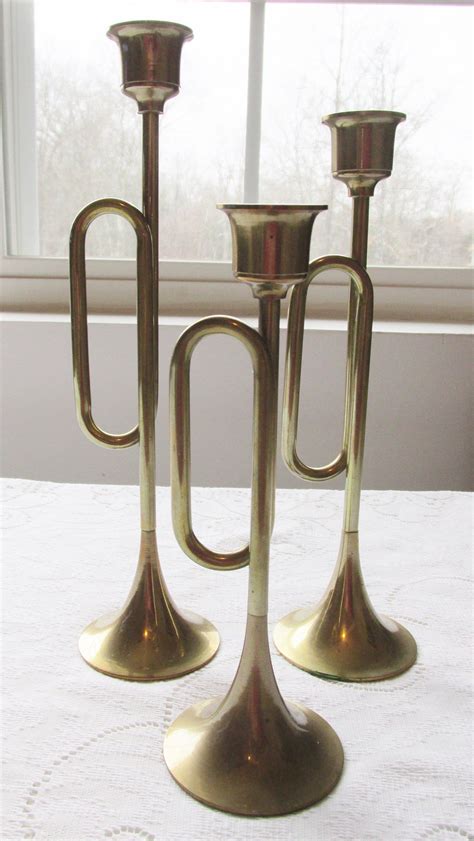 Vintage Brass Horn Candlestick Holders Set Of 3 Trumpet Candle Etsy
