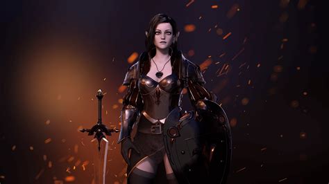 Knight Girl With Dark Elf Skin Female Dungeon Warrior Stylized Mmorpg