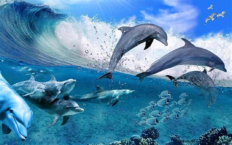 Hd Wallpaper Dolphins Game Sea Waves Fish Coral Sea Gullies In Years