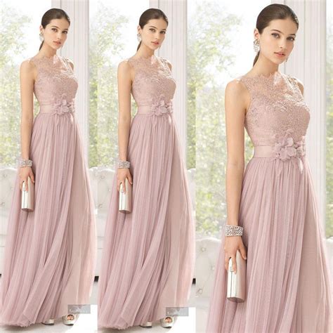 Blush Tulle Lace Flowers Maid Of Honor Floor Length Bridesmaid Dress