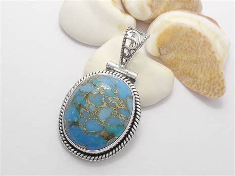 Sterling Silver Blue Copper Turquoise Gemstone Pendant Etsy