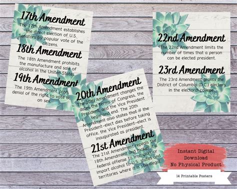 Us Amendments Printable Poster Set Us Constitution Wall Art Etsy