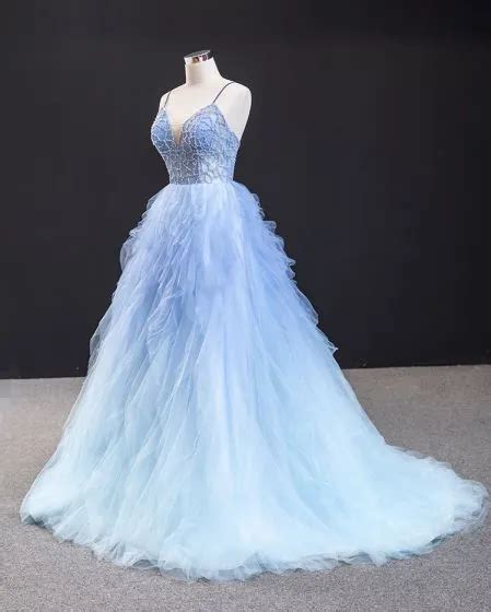 Fabulous Sky Blue Prom Dresses 2023 A Line Princess Spaghetti Straps