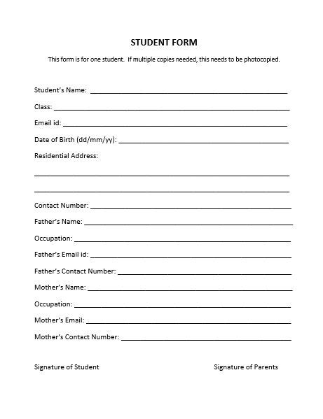 General Student Form For School Or Class Student Forms Student School