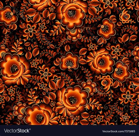 Orange Floral Seamless Pattern On Black Background