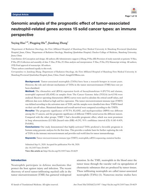 PDF Genomic Analysis Of The Prognostic Effect Of Tumor Associated