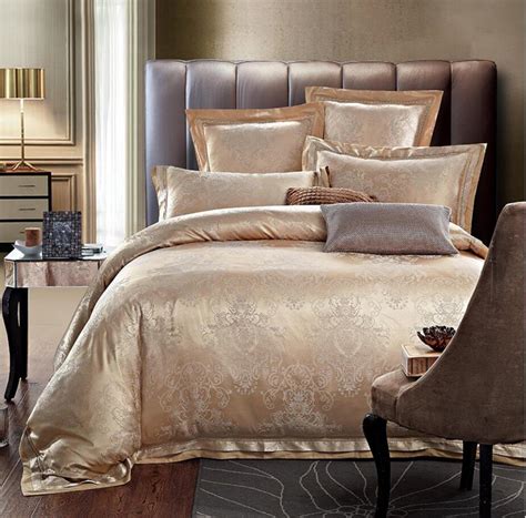Beige Gold Satin Duvet Cover Set Bed Sheet Queen King Size 46pcs Silk