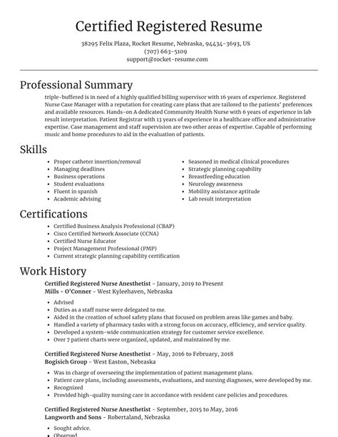Certified Registered Nurse Anesthetist Resumes Rocket Resume