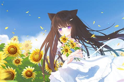 2560x1700 Cute Anime Girl Summer Dress Loli Sunflowers Animal Ears