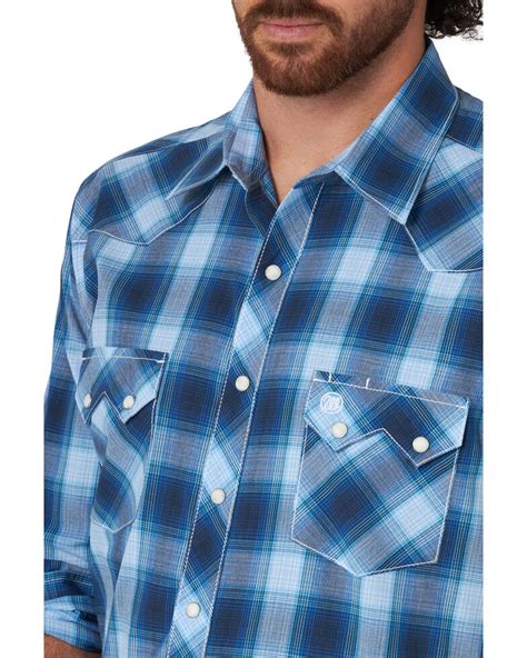 Wrangler Retro Mens Blue Large Plaid Snap Long Sleeve Western Shirt